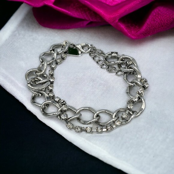 Rhinestone Bracelet Tennis Chain Link Double Strand Statement Jewelry Silvertone - Picture 9 of 9